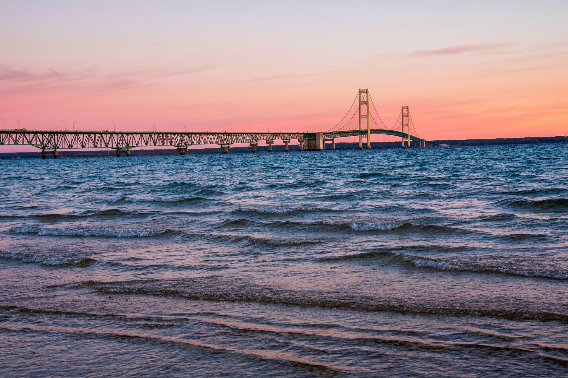 Mackinac Bridge at sunset over the Straits of Mackinac, Michigan